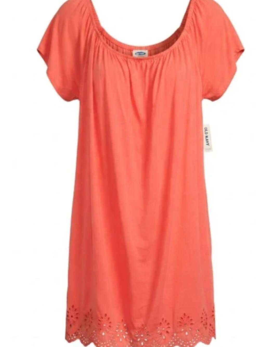 Coral Pink Short Sleeve Eyelet Hem Dress
